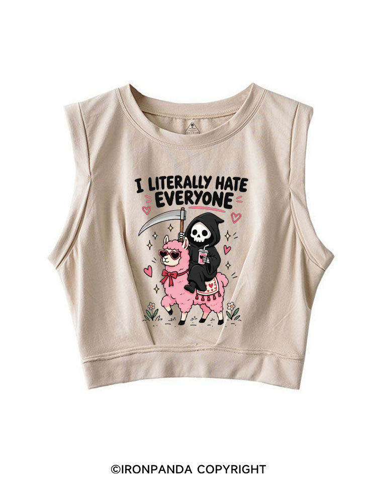 I LITERALLY HATE EVERYONE Grim Reaper Llama Halloween SLEEVELESS CROP TOPS