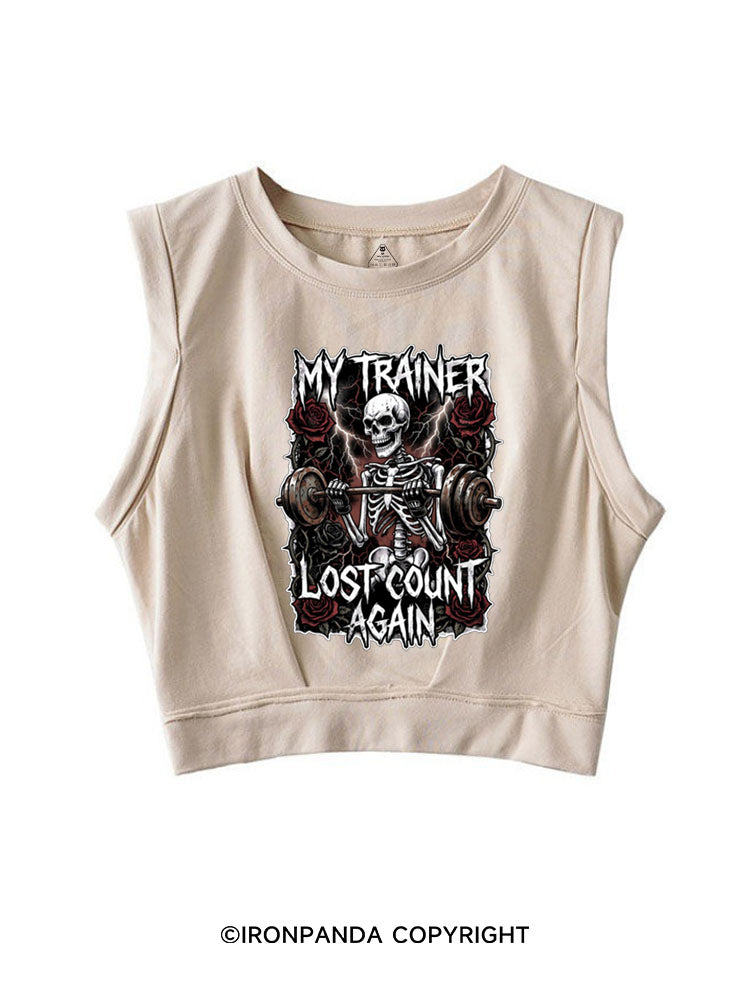 MY TRAINER LOST COUNT AGAIN SKELETON SLEEVELESS CROP TOPS