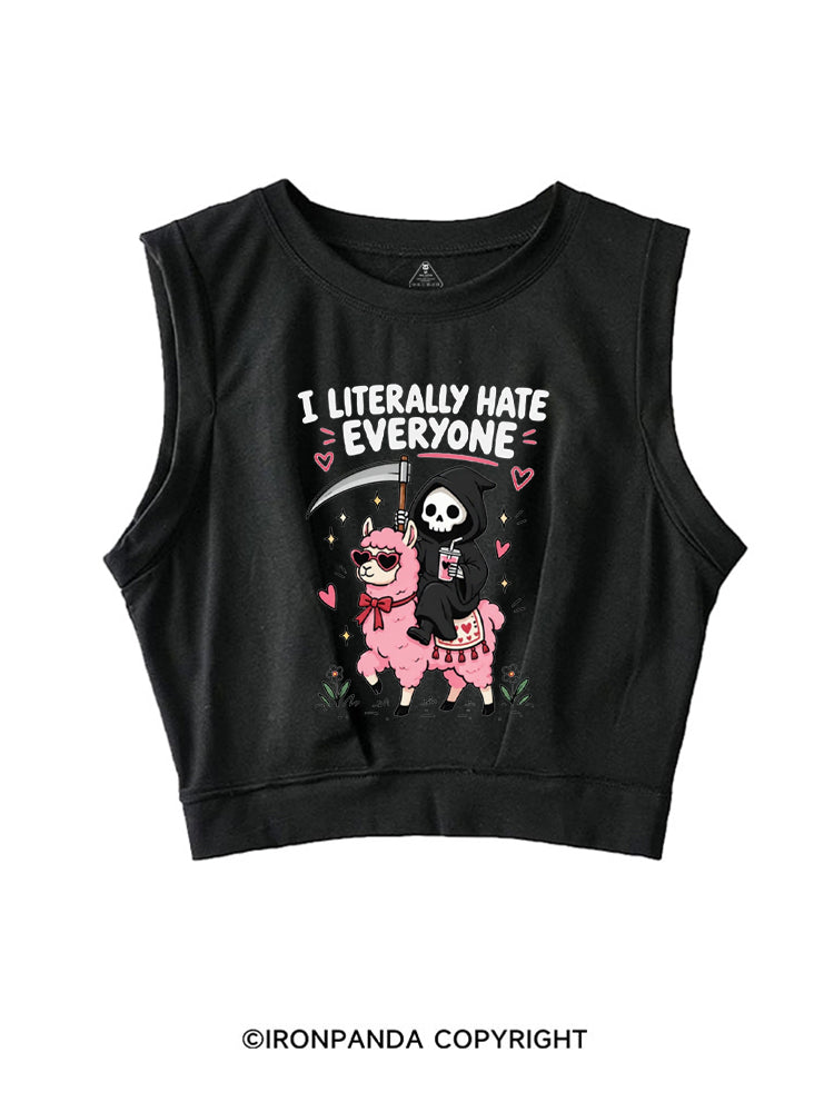I LITERALLY HATE EVERYONE Grim Reaper Llama Halloween SLEEVELESS CROP TOPS