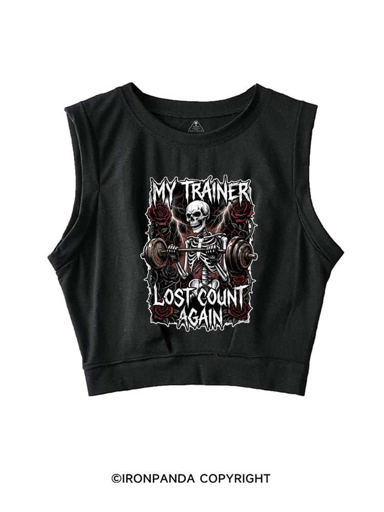 MY TRAINER LOST COUNT AGAIN SKELETON SLEEVELESS CROP TOPS