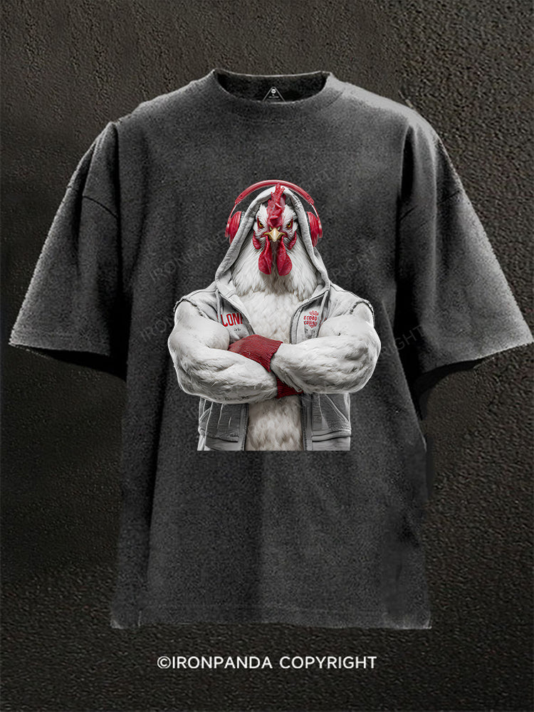 White-feathered chicken with headphones Washed Gym Shirt
