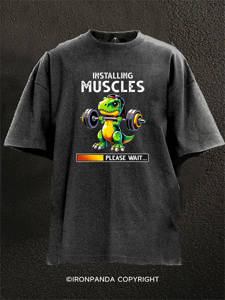Installing Muscles Please Wait Dino Washed Gym Shirt