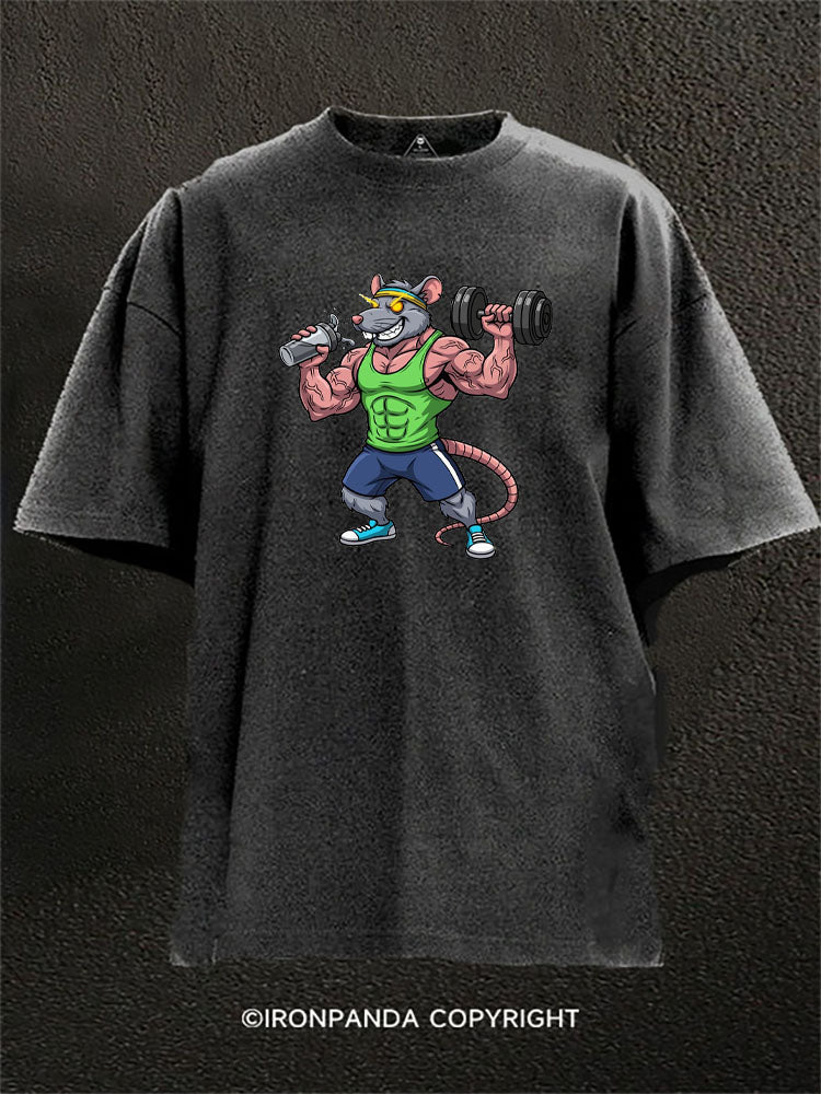 Muscular Rat Lifting Dumbbell Washed Gym Shirt