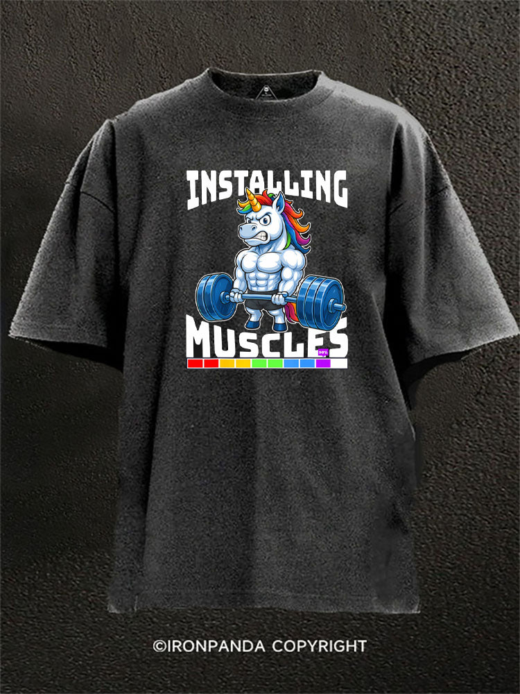 Installing Muscles Rainbow Unicorn Washed Gym Shirt