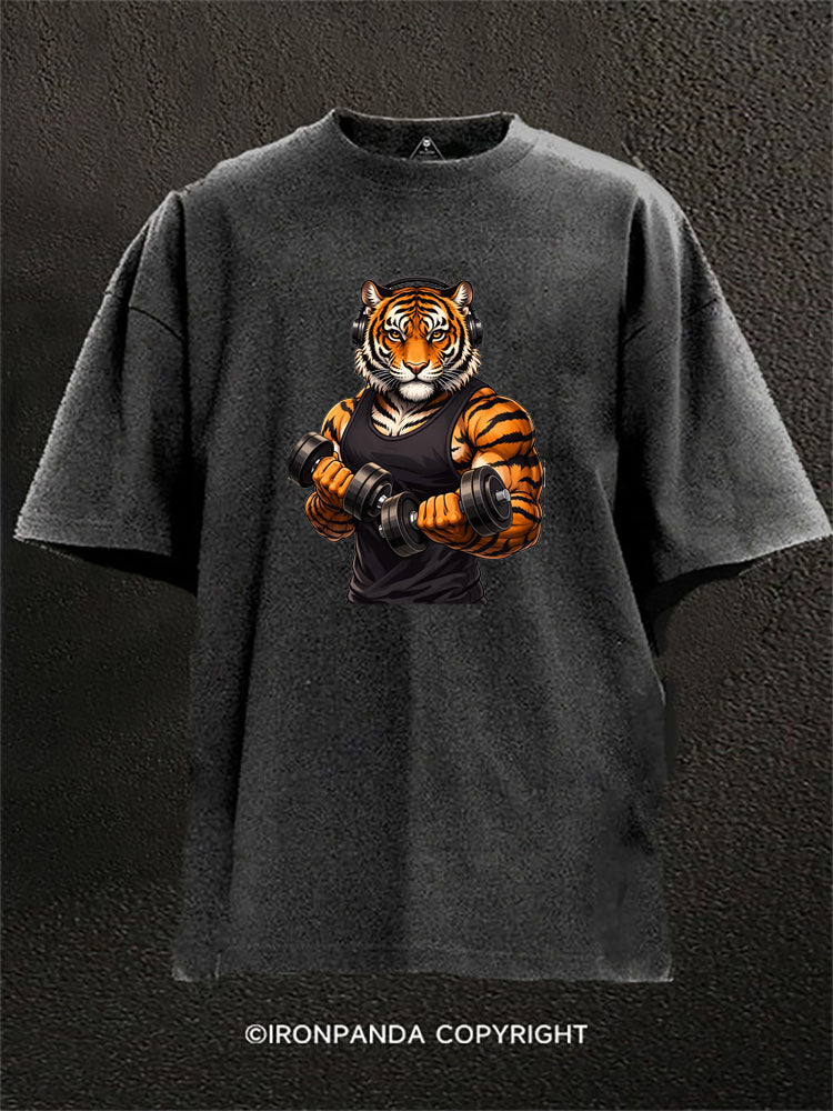 Powerful Gym Tiger Lifting Dumbbells Washed Gym Shirt