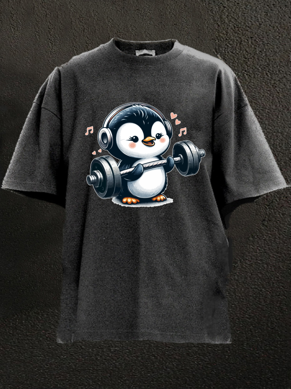 barbell weightlifting penguin Washed Gym Shirt