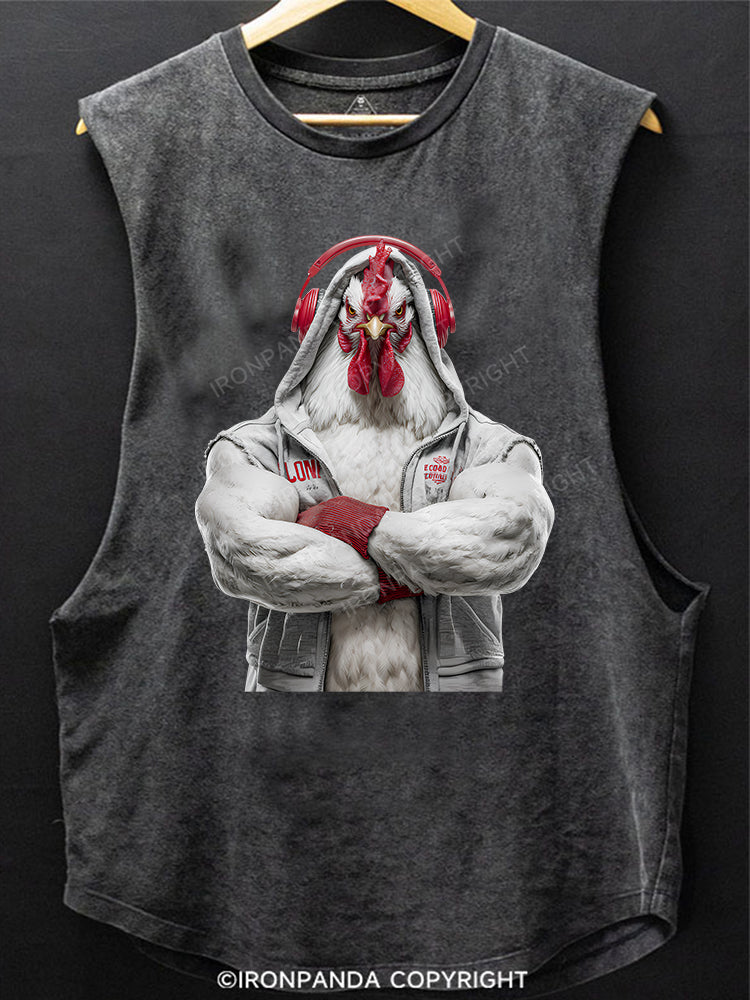 White-feathered chicken with headphones Scoop Bottom Cotton Tank