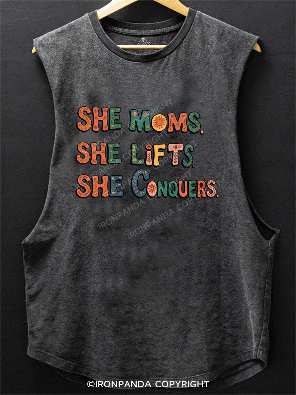 SHE MOMS. SHE LIFTS. SHE CONQUERS SCOOP BOTTOM COTTON TANK