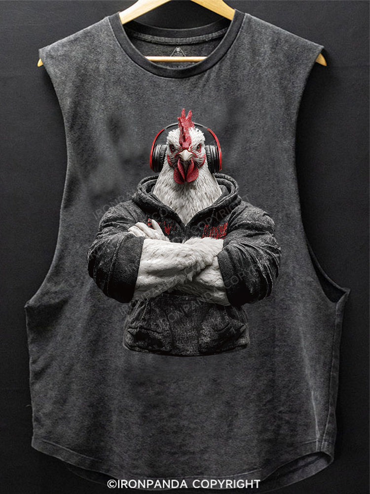 White-feathered chicken with headphones Scoop Bottom Cotton Tank
