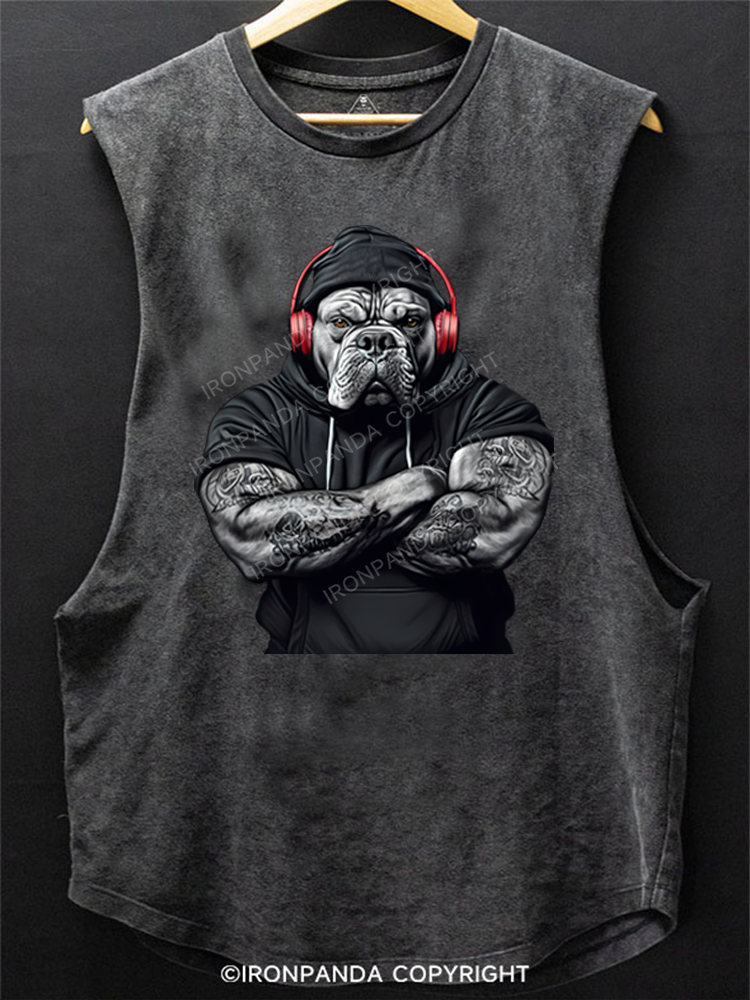 MUSCULAR BULLDOG WITH HEADPHONES Scoop Bottom Cotton Tank