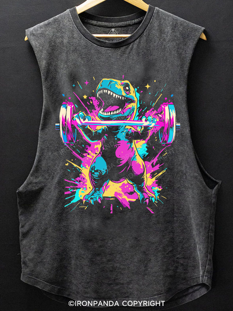 Graffiti Dinosaur Weightlifting Scoop Bottom Cotton Tank