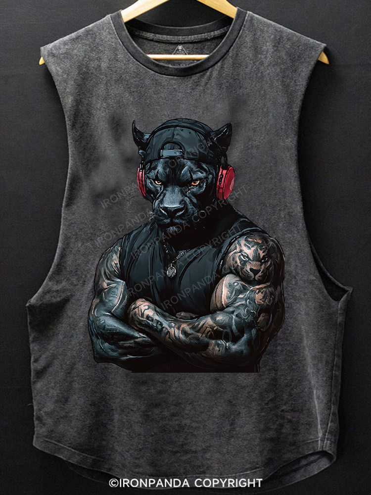 Black Panther with headphones Scoop Bottom Cotton Tank