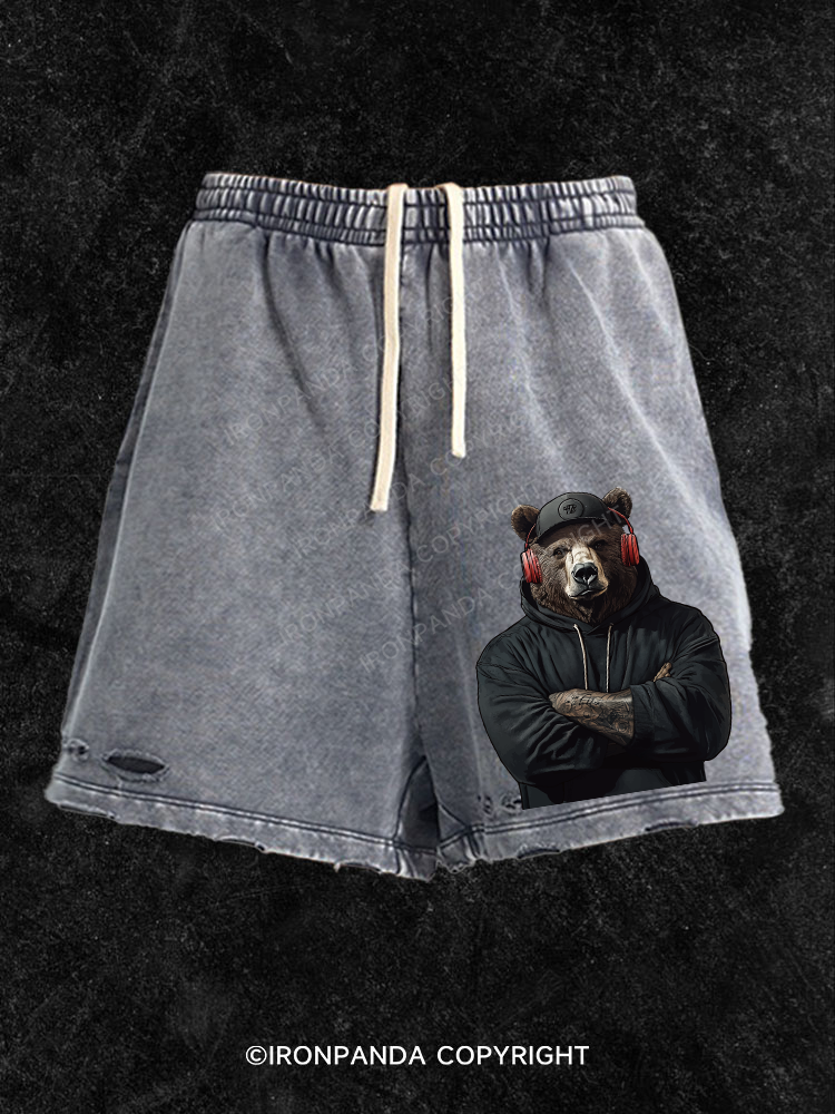 Bear with headphones Washed Gym Shorts
