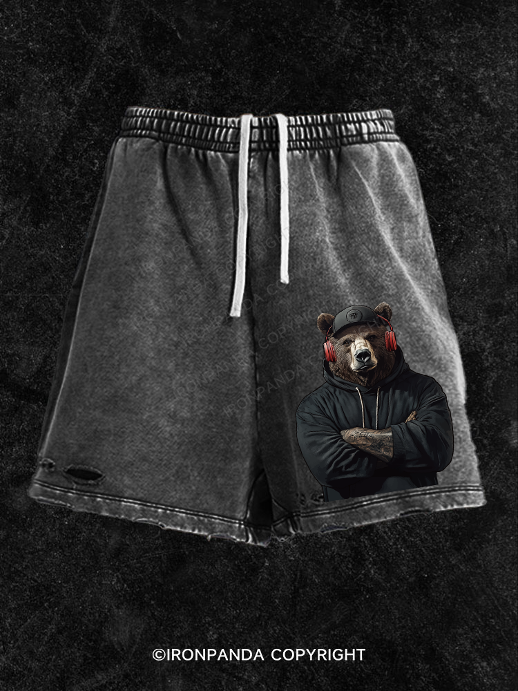 Bear with headphones Washed Gym Shorts