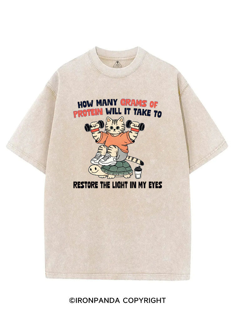 HOW MANY GRAMS OF PROTEIN WILL IT TAKE TO RESTORE THE LIGHT IN MY EYES VINTAGE GYM SHIRT