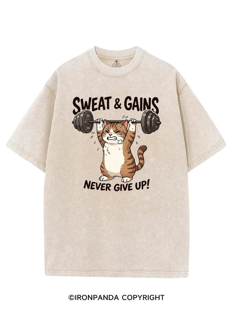 SWEAT & GAINS NEVER GIVE UP! TIRED CAT VINTAGE GYM SHIRT