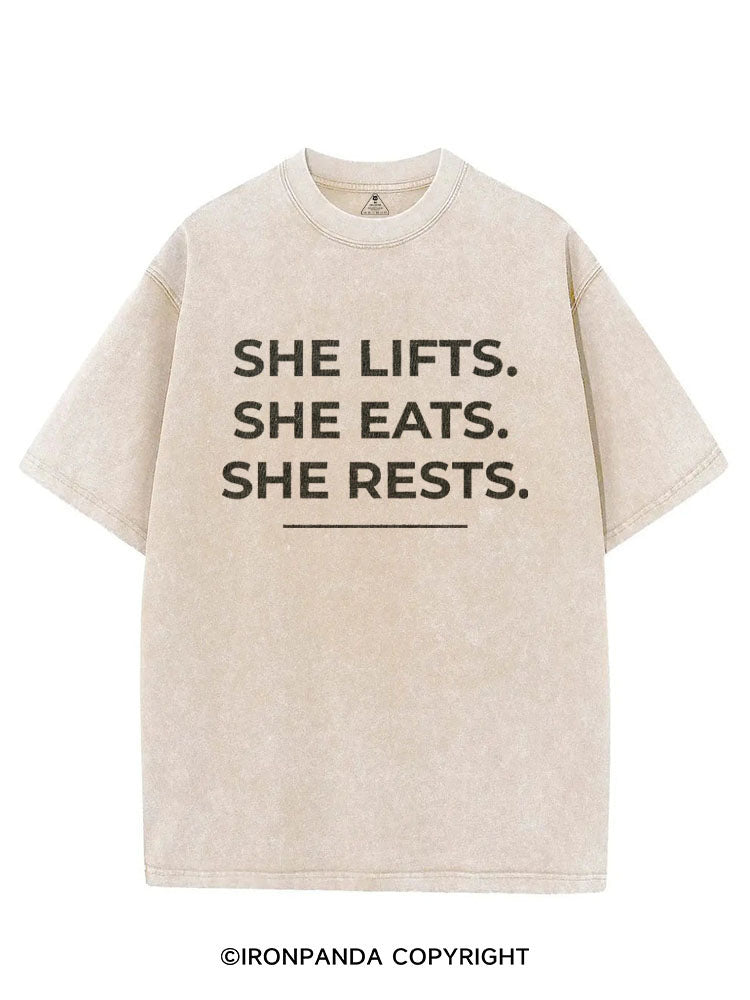 SHE LIFTS SHE EATS SHE RESTS VINTAGE GYM SHIRT