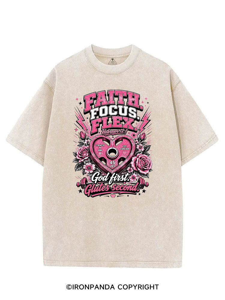 FAITH. FOCUS. FLEX. GOD FIRST GLUTES SECOND VINTAGE GYM SHIRT