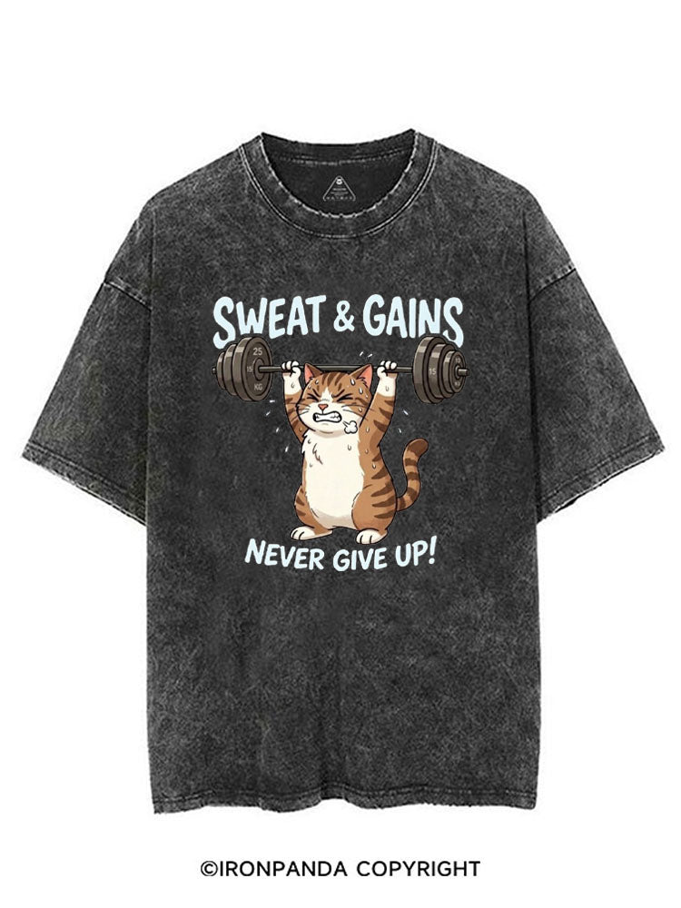 SWEAT & GAINS NEVER GIVE UP! TIRED CAT VINTAGE GYM SHIRT