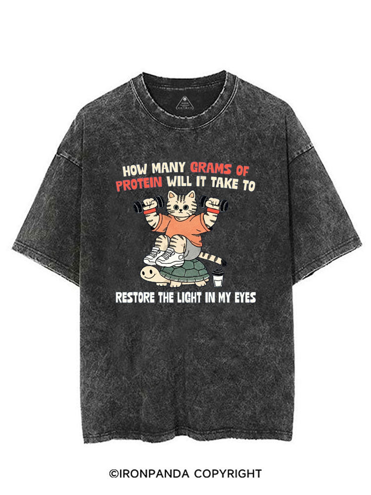 HOW MANY GRAMS OF PROTEIN WILL IT TAKE TO RESTORE THE LIGHT IN MY EYES VINTAGE GYM SHIRT