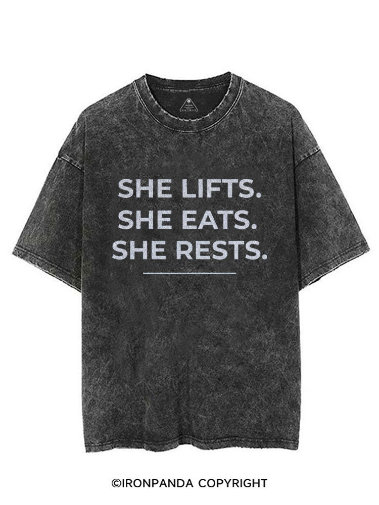 SHE LIFTS SHE EATS SHE RESTS VINTAGE GYM SHIRT