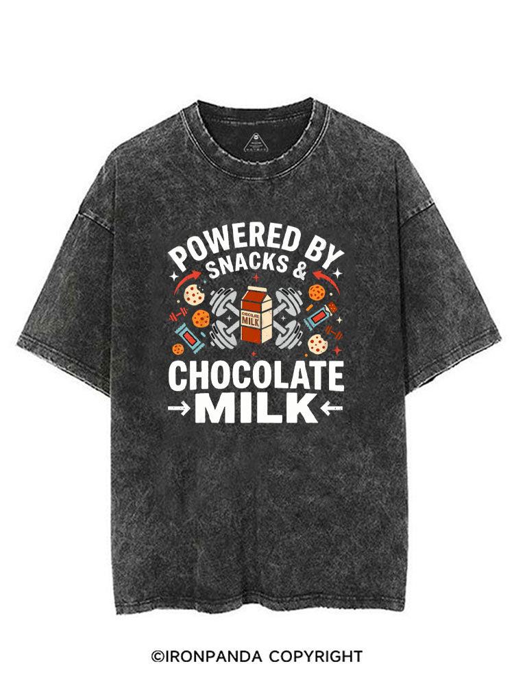 POWERED BY SNACKS $ CHOCOLATE MILK VINTAGE GYM SHIRT
