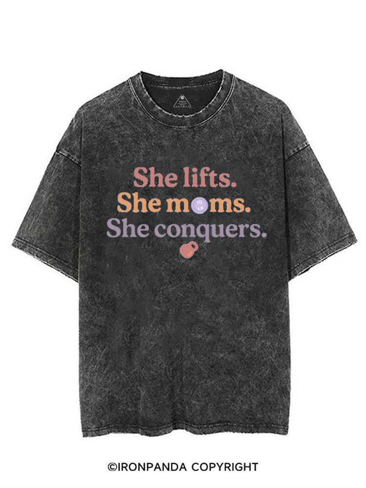 SHE LIFTS SHE MOMS SHE CONQUERS VINTAGE GYM SHIRT