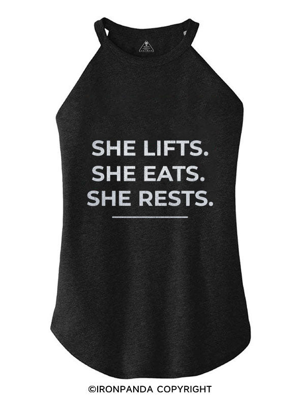 SHE LIFTS SHE EATS SHE RESTS ROCKER COTTON TANK