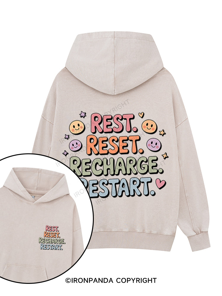 REST RESET RECHARGE RESTART Printed Washed Gym Hoodie