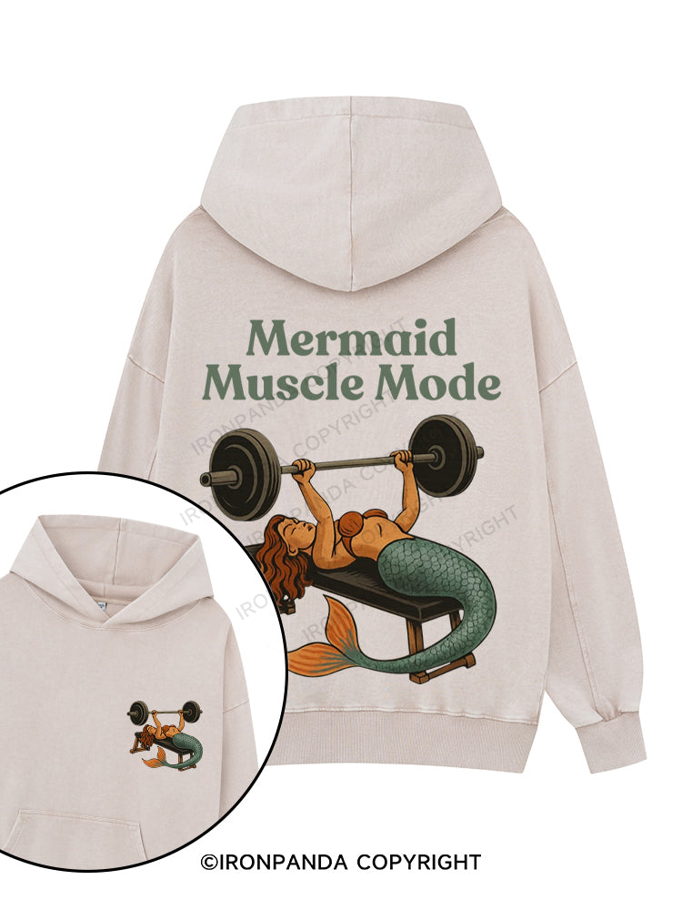 MERMAID MUSCLE MODE Printed Washed Gym Hoodie