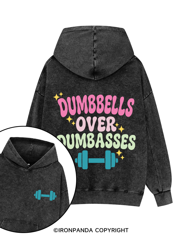 DUMBBELLS OVER DUMBASSES Printed Washed Gym Hoodie