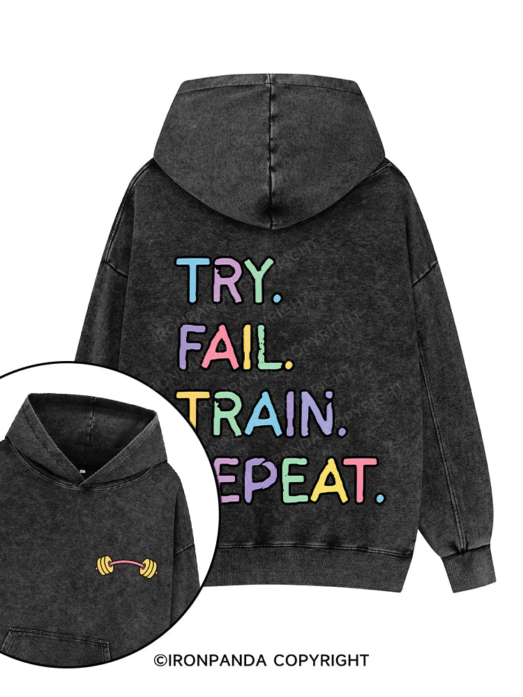 TRY FAIL TRAIN REPEAT Printed Washed Gym Hoodie