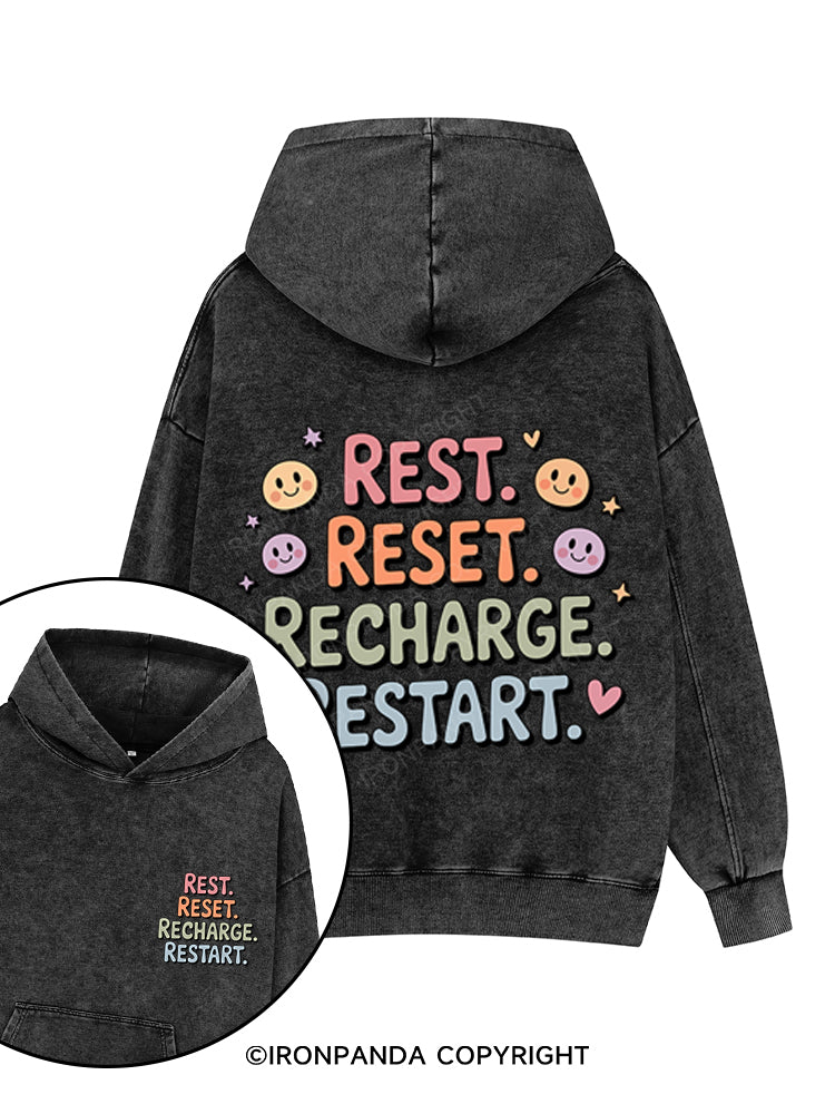 REST RESET RECHARGE RESTART Printed Washed Gym Hoodie