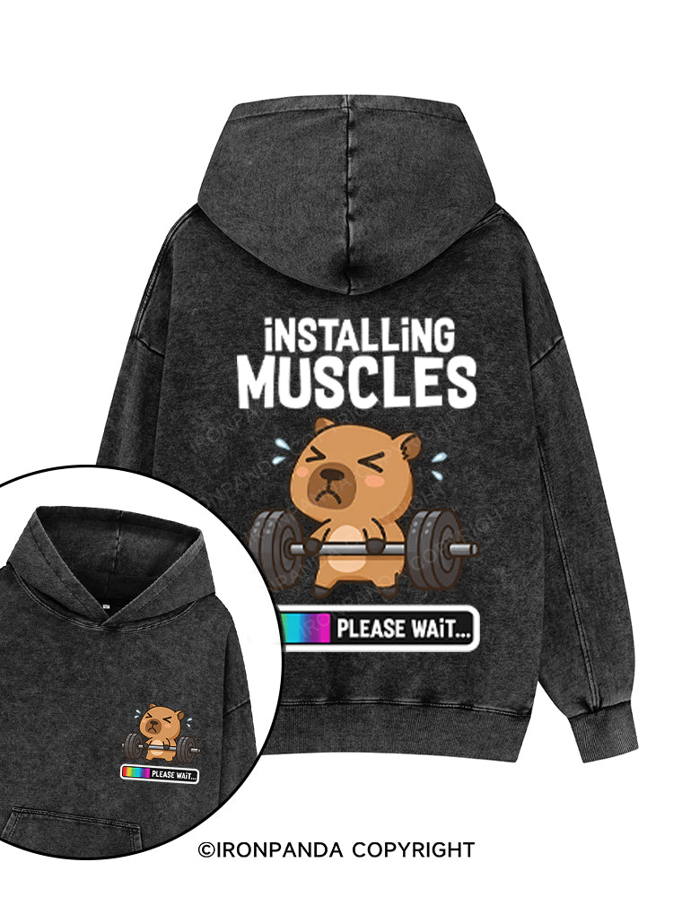 installing muscles please wait Printed Washed Gym Hoodie