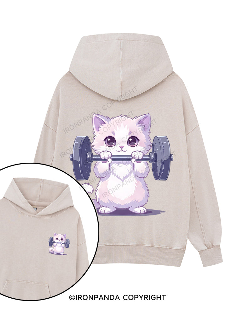 Weightlifting Cat Printed Washed Gym Hoodie