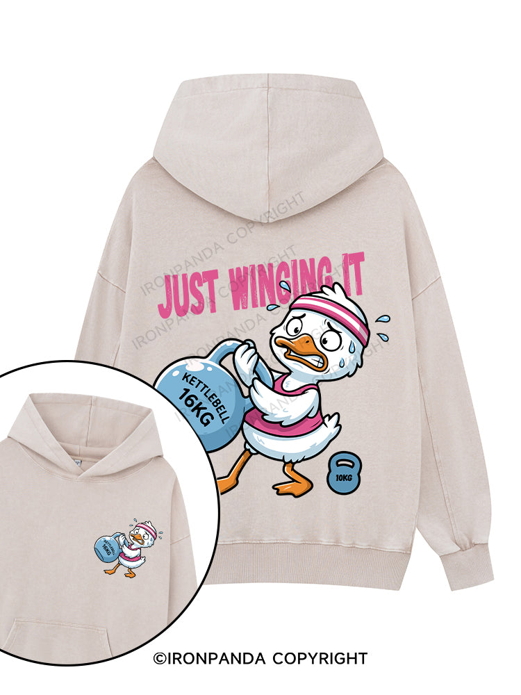 JUST WINGING IT Printed Washed Gym Hoodie