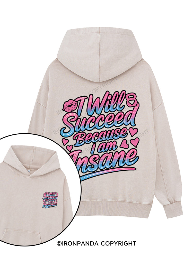 I WILL SUCCEED BECAUSE I AM INSANE Printed Washed Gym Hoodie
