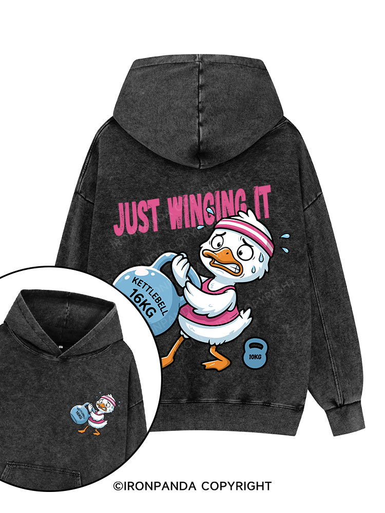 JUST WINGING IT Printed Washed Gym Hoodie