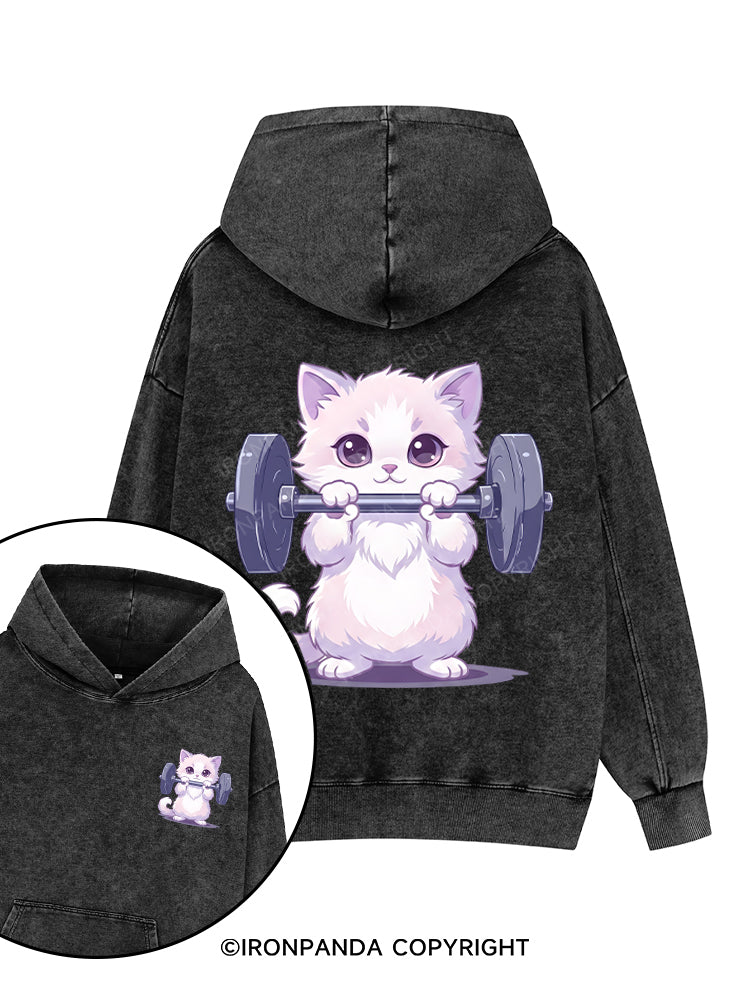 Weightlifting Cat Printed Washed Gym Hoodie