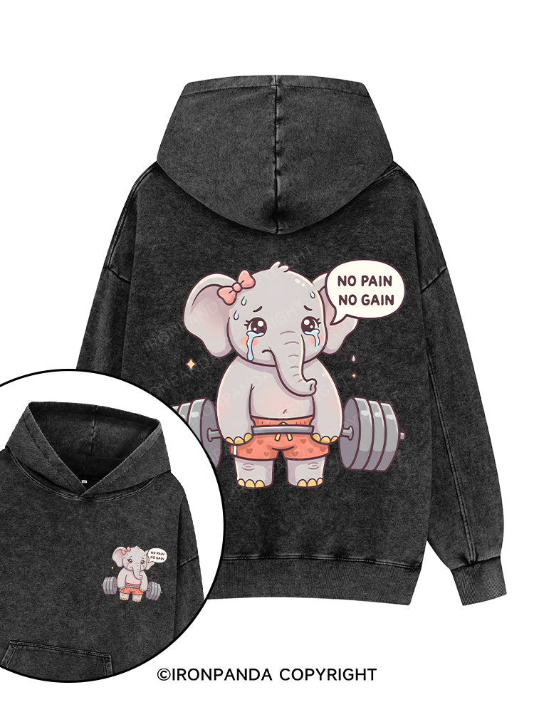 NO PAIN NO GAIN ELEPHANT Printed Washed Gym Hoodie