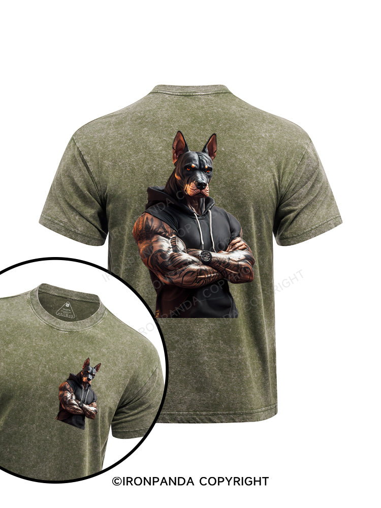 Muscular Doberman Pinscher printed Washed Gym Shirt