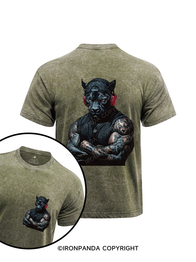 Black Panther with headphones printed Washed Gym Shirt