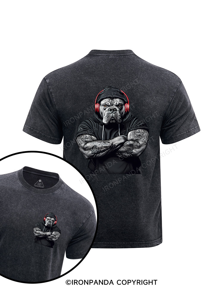 MUSCULAR BULLDOG WITH HEADPHONES printed Washed Gym Shirt