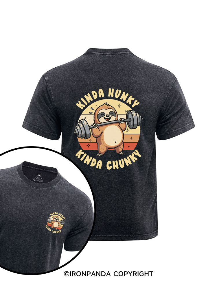 Kinda Hunky Kinda Chunky Funny Gym Sloth printed Washed Gym Shirt