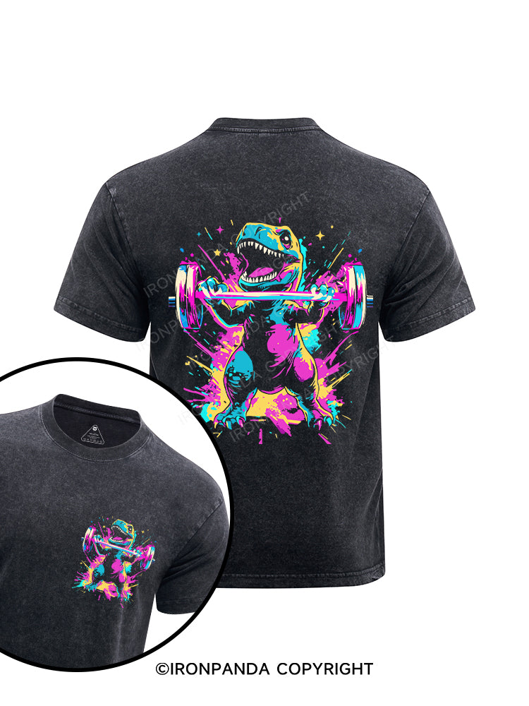 Graffiti Dinosaur Weightlifting printed Washed Gym Shirt