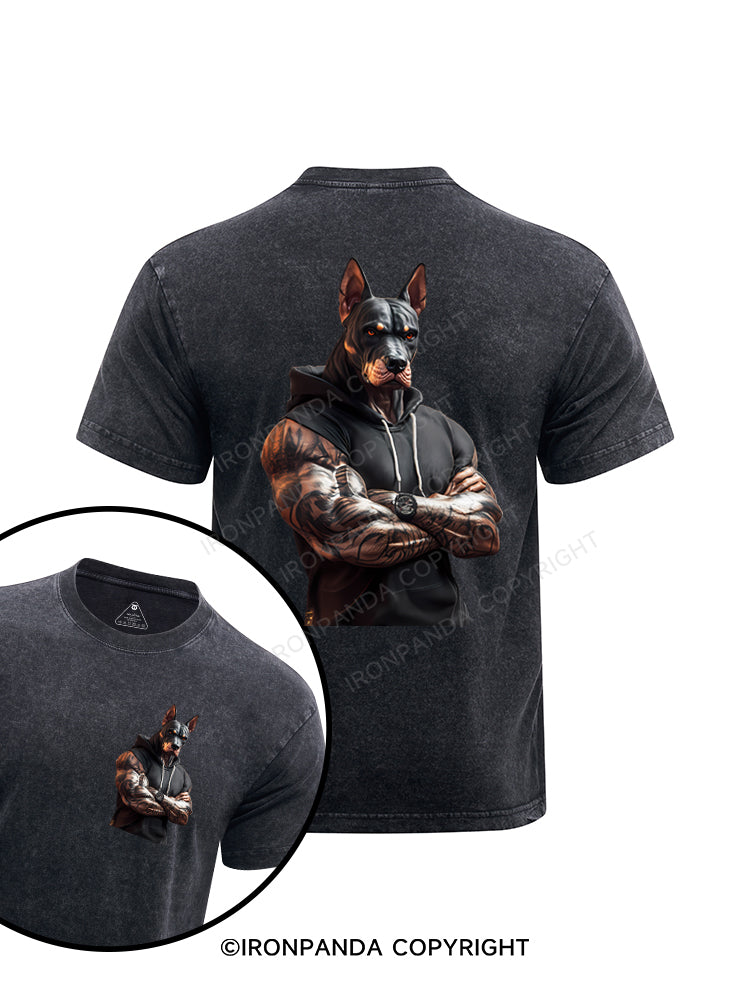 Muscular Doberman Pinscher printed Washed Gym Shirt