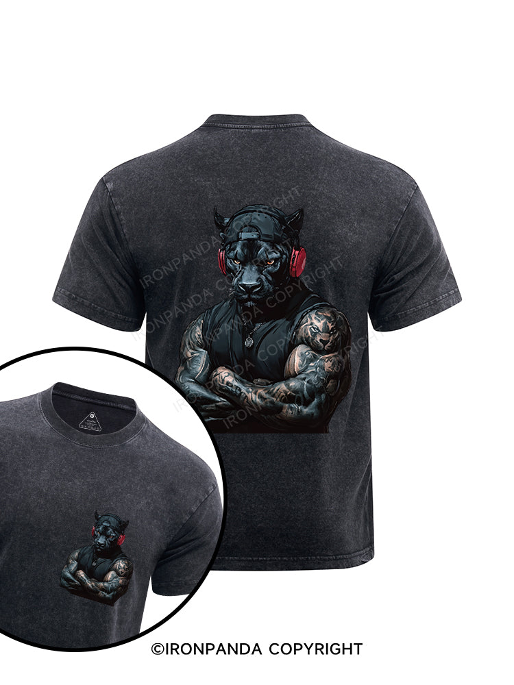 Black Panther with headphones printed Washed Gym Shirt
