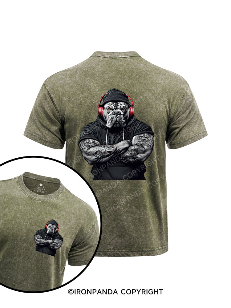 MUSCULAR BULLDOG WITH HEADPHONES printed Washed Gym Shirt