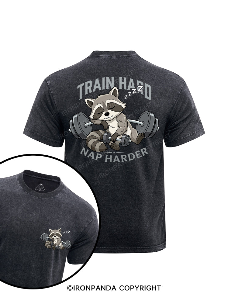 TRAIN HARD NAP HARDER printed Washed Gym Shirt
