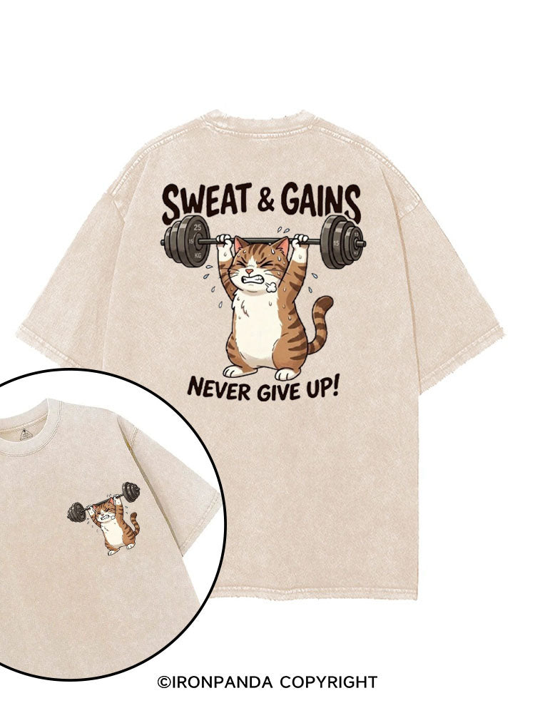 SWEAT & GAINS NEVER GIVE UP! TIRED CAT printed Gym Shirt